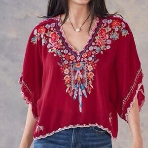 Johnny Was Klarah Embroidered Blouse Red Size Small